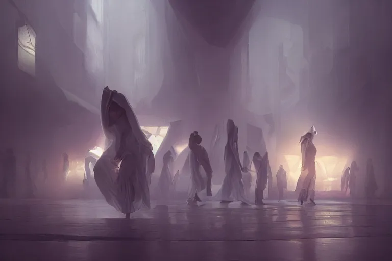 Prompt: a hyperrealistic render of people in white circulating a black alien cube, worship, حريّة, by Artgerm,Greg Rutkowski,Alphonse Mucha, Beautiful dynamic dramatic dark moody lighting,shadows,cinematic atmosphere,Artstation,concept design art,Octane render,8K