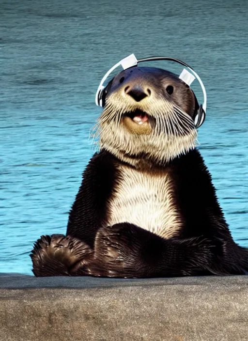 Prompt: cute sea otter wearing headphones sitting in front of a computer