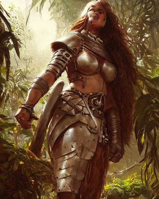 Prompt: digital art of a warrior woman in a jungle wearing heavy medieval knights armor, character art, by greg rutkowski, detailed face, beautiful face, drawing