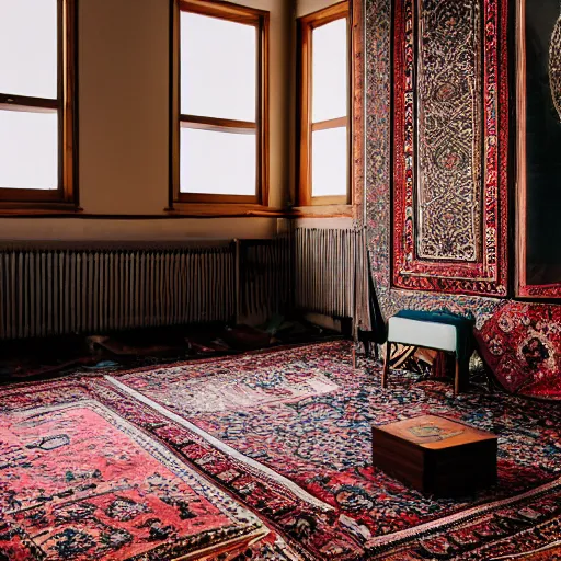 Prompt: a room with a chair, a table, few speakers and a persian carpet on the floor, unsplash, postminimalism, aesthetic