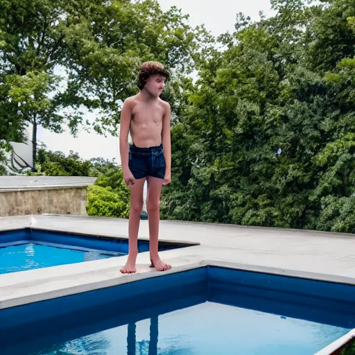 Image similar to young harry styles standing on a diving board above a pool, red weapon 8 k s 3 5, cooke anamorphic / i lenses, highly detailed, cinematic lighting