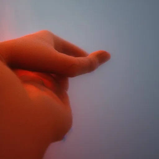 Image similar to a blurry closeup picture of hands around neck, dripping wet, no face, macro photography, long exposure photograph, surrealism, anamorphic bokeh, cozy, soft light, cyan and orange, caustic, atmospheric fog, octane render, cinematic