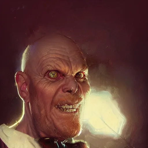 Image similar to portrait of a red bald man with black eyes and a black teeth, horror, glowing eyes, by Stanley Artgerm Lau , greg rutkowski, thomas kindkade, alphonse mucha, loish, norman rockwell. Trending on artstation detailed illustration hd 4k