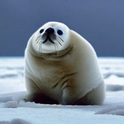 Image similar to a film still of a baby harp seal as James Bond in Skyfall