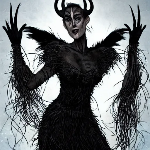 Prompt: jennifer connelly as odile the black swan, gray skin, disney villain, black feathers instead of hair, black feathers growing out of skin, losing control, black feathers growing out of face, black hands with black claws, gothic, highly detailed, comic book cover, mike mignogna, david mack, trending on artstation