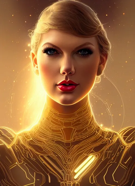 Image similar to symmetry!! portrait of taylor swift, gold sci - fi armour, tech wear, glowing lights!! sci - fi, intricate, elegant, highly detailed, digital painting, artstation, concept art, smooth, sharp focus, illustration, art by artgerm and greg rutkowski and alphonse mucha