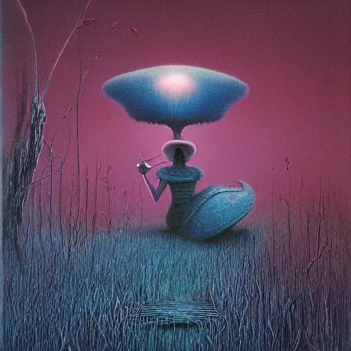 Image similar to Alice in Wonderland in style of Zdislaw Beksinski