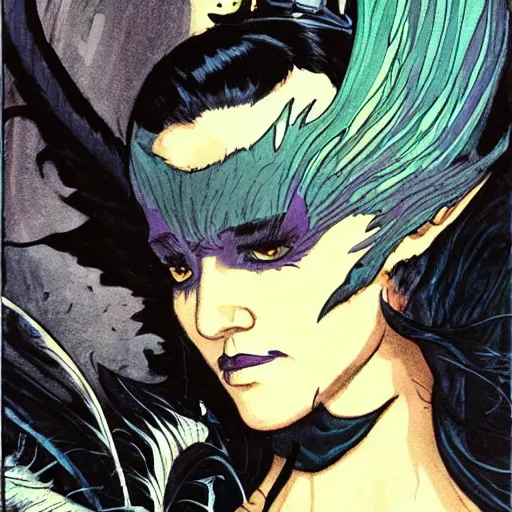 Prompt: Jennifer Connelly as dark fae gothic atompunk evil Disney villain queen with black feather hair, feathers growing out of skin, shedding feathers, in front of space station window, Mike mignola, trending on artstation, comic book cover, illustration