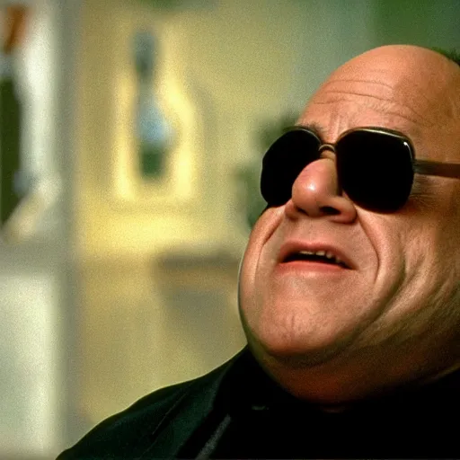 Image similar to film still of Danny Devito as Morpheus in The Matrix, full-shot, 4k