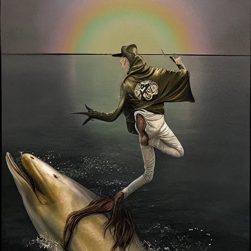 Image similar to a hyper realistic painting of the grim reaper standing on the back of a dolphin that is jumping over a rainbow, by james c christensen and santiago caruso,