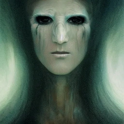 Image similar to head and shoulders portrait of a ghostly, shadowy, spectral banshee portrayed by celine dion, d & d, fantasy, greg rutkowski, frank frazetta, alexandre chaudret, boris vallejo, michael whelan, miro petrov, hr giger, magali villeneuve, donato giancola