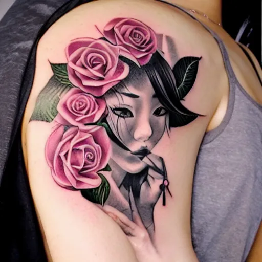 Image similar to tattoo design, stencil, tattoo sleeve, beautiful japanese girls face, roses and ivy surrounding by artgerm, artgerm, cat girl, anime