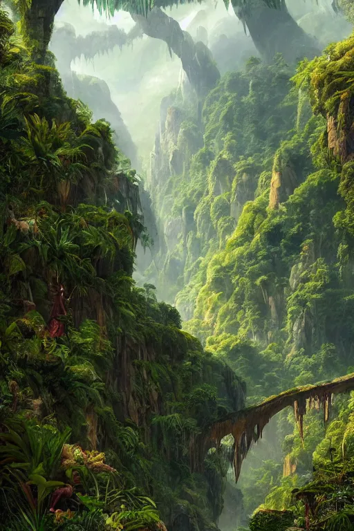 Image similar to the lost valley, rock arcs, lush vegetation, exotic forrest and plants, landscape, alex ross, eddie mendoza, raphael lacoste, sebastian ludke, concept art, matte painting, highly detailed, rule of thirds, dynamic lighting, cinematic, detailed, magnificiant landscape, denoised, centerd