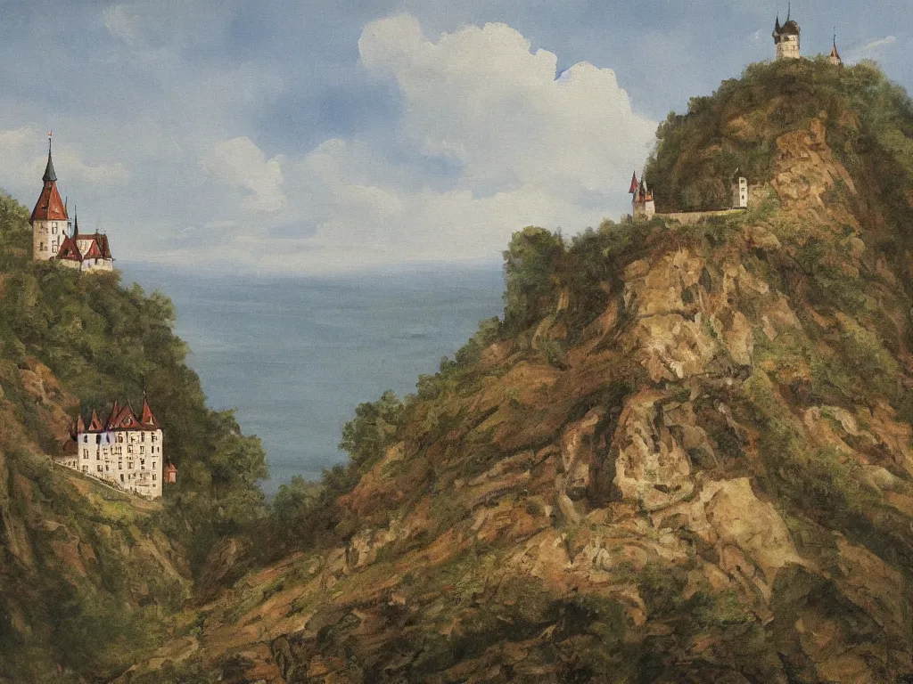 Image similar to a painting of a german castle on the cliff