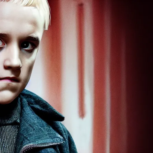 Image similar to Draco Malfoy as One from Stranger Things, high resolution photo