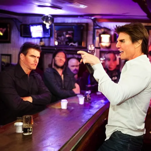 Image similar to tom cruise doing stand up comedy in a british pub full of unhappy people
