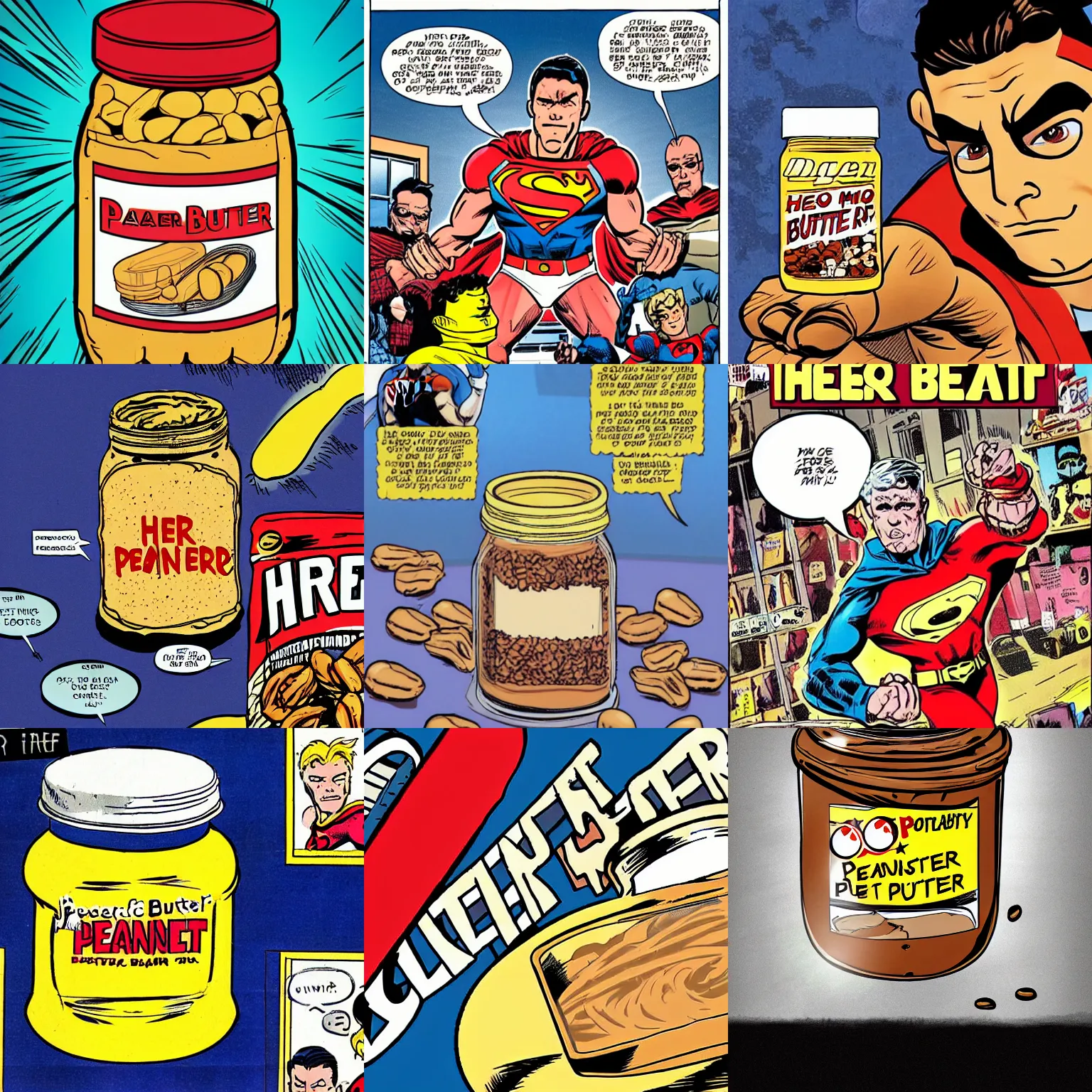 Prompt: jar of peanut butter as the hero on the front page of a comic book dc realistic