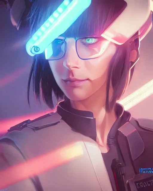 Image similar to anime key visual of elizabeth olzen as a police officer, neon, cyberpunk, futuristic, stunning, highly detailed, digital painting, artstation, smooth, soft focus, illustration, art by artgerm and greg rutkowski and alphonse mucha