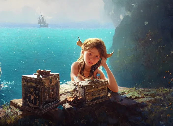 Prompt: wide view picture of a pirate girl, looking at the treasure box, hard breathing, messy hair, very excited, smiling, sparkling eyes, magic and fantasy, whale monsters, beautiful and aesthetic and attractive and detailed face, specular reflection, occlusion shadow, intricate, bokeh, masterpiece, by ilya kuvshinov and jeremy lipking and quentin mabille