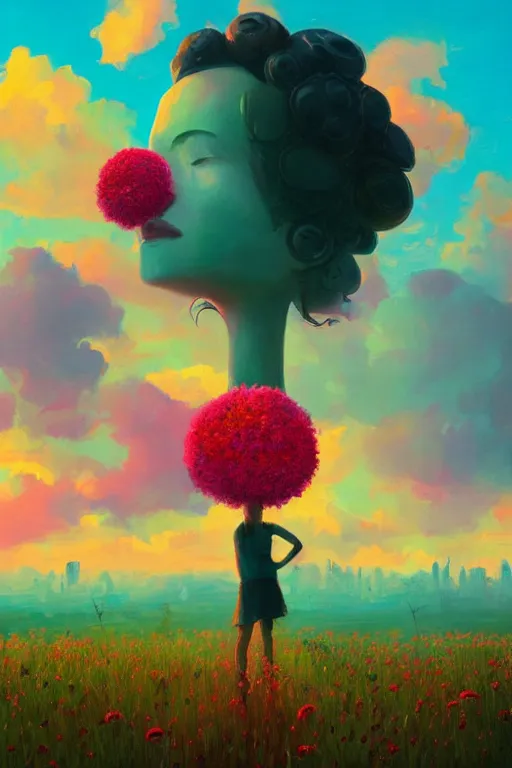 Image similar to closeup, giant flower as a head, girl surrounded by djungle, surreal photography, golden hour, colorful clouds, impressionist painting, digital painting, artstation, simon stalenhag