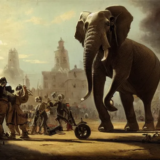 Prompt: elephant with a ww 1 artillery gun in place of its head, men in napoleonic uniform operate the artillery gun, the elephant walks through the streets of a medieval city, illustration, rpg, hubert robert