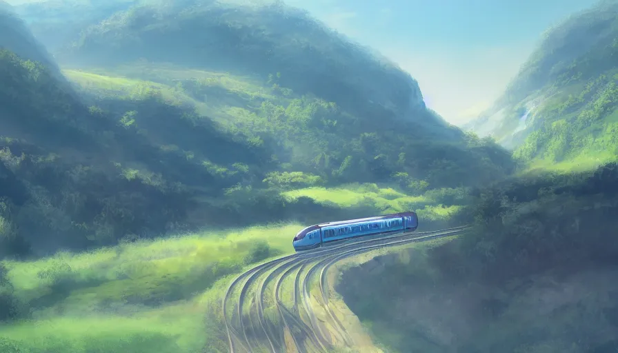 Image similar to panorama train line through valley, green hills, matte painting, artstation, sunrise, blue sky