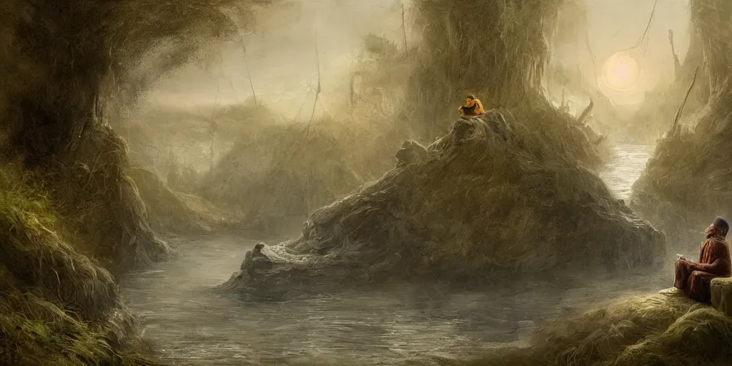 Prompt: a man sits at the edge of a river in the underworld waiting for the ferryman charon, beksinksi, dariusz zawadzki