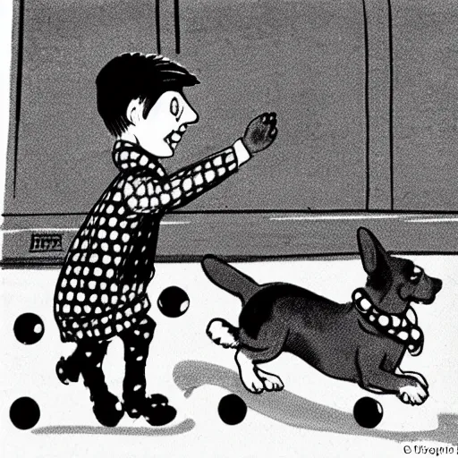 Image similar to book illustration of a french boy on the streets of paris playing football against a corgi, the dog is wearing a polka dot scarf, 1 9 6 6