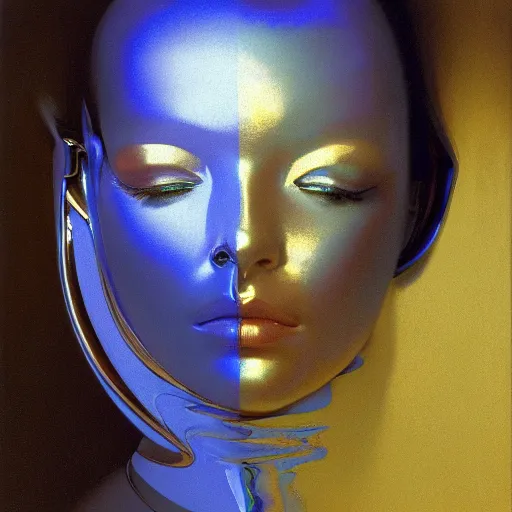 Image similar to a chrome woman's face in flowing sheets of cobalt blue gold chrome silver satin, by moebius syd mead roger dean donato giancola michael whelan yoshitaka amano ivan aivazovsky jan de heem pieter claesz paul delaroche alma tadema aelbert cuyp willem claesz isaac levitan, hyperrealistic volumetric light render