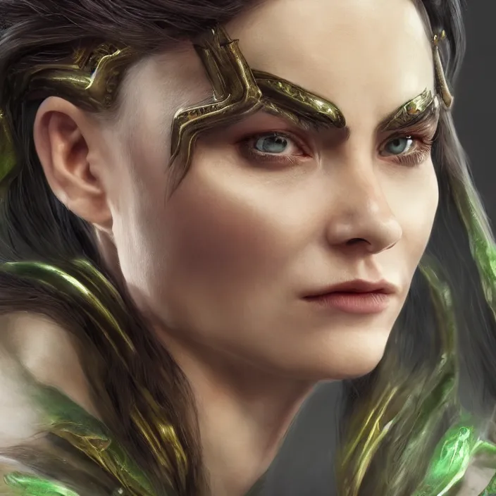 Image similar to female loki, au naturel, hyper detailed, digital art, trending in artstation, cinematic lighting, studio quality, smooth render, unreal engine 5 rendered, octane rendered