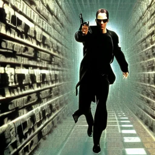 Image similar to neo dodges a bullet in the matrix, the matrix ( 1 9 9 9 )