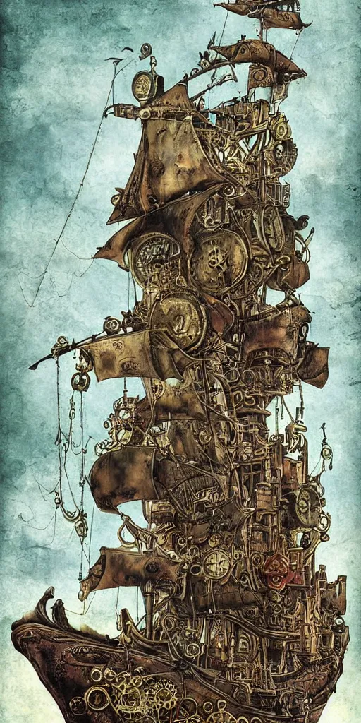 Image similar to a detailed digital painting of a steampunk pirate ship by alexander jansson