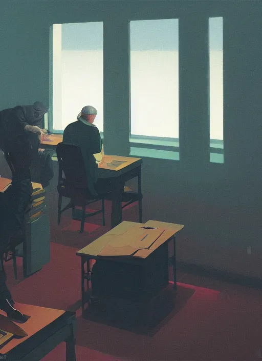 Image similar to woman and man sitting on a pile of computer keyboards, snowing night by Edward Hopper and James Gilleard, Zdzislaw Beksinski, Katsuhuro Otomo highly detailed