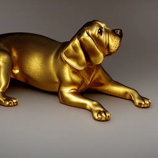 Image similar to detailed photo of a puppy statue made of gold, various posed, studio light, 8 k, photorealism, intricate detail, museum diffuse lighting