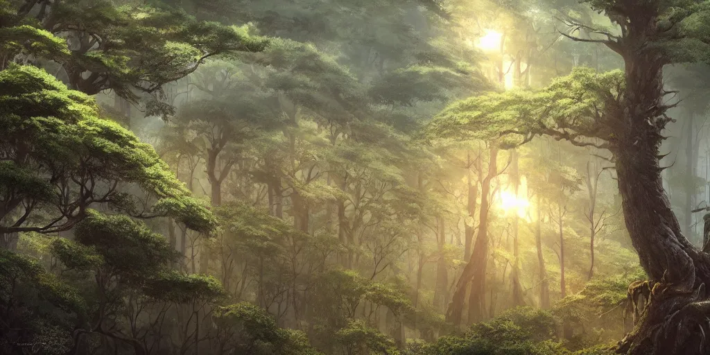 Image similar to giant monster, forest, tree tops, 4 k, artgerm, high detail, dramatic lighting, sunset, hayao miyazaki, masashi ando, nizou yamamoto, kazuo oga, joe hisaishi, yoji takeshige, naoya tanaka