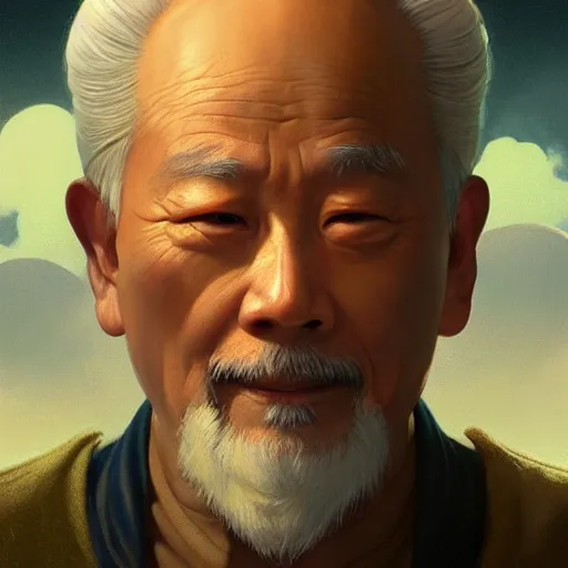 Image similar to mr miyagi is god, portrait, intricate, detailed, volumetric lighting, scenery, digital painting, highly detailed, artstation, sharp focus, illustration, artstation, art by artgerm and greg rutkowski and alphonse mucha