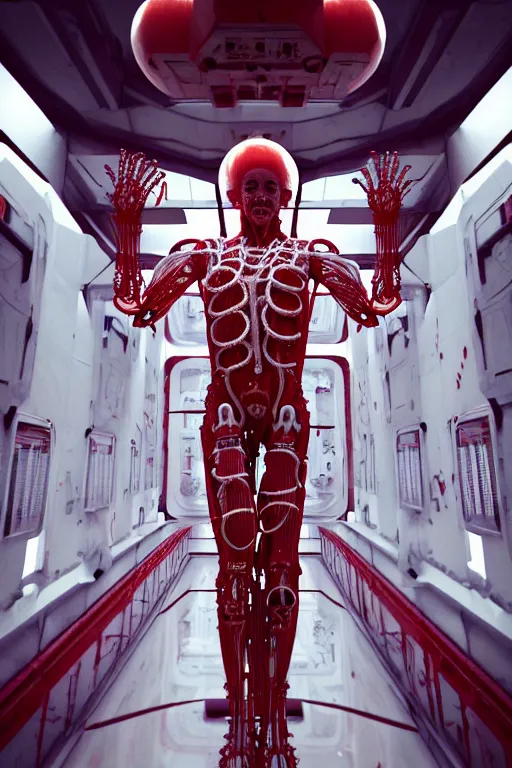 Prompt: high detailed white space station interior a statue jesus on cross made of red marble, perfect symmetrical body, full body shot, inflateble shapes, wires, tubes, veins, jellyfish, white biomechanical details, wearing epic bionic cyborg implants, masterpiece, intricate, biopunk, vogue, highly detailed, artstation, concept art, cyberpunk, octane render