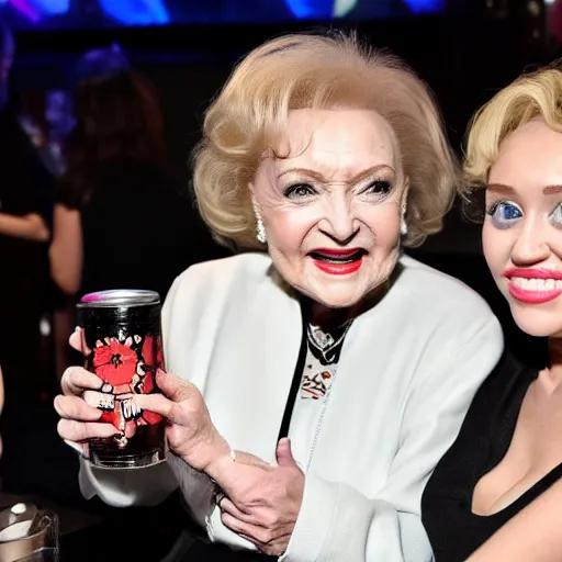 Prompt: betty white drinking white claw with miley cyrus and black widow