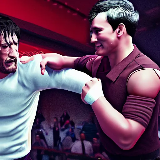 Image similar to Markiplier fighting Senator Armstrong, photorealistic, high resolution, cinematic lighting