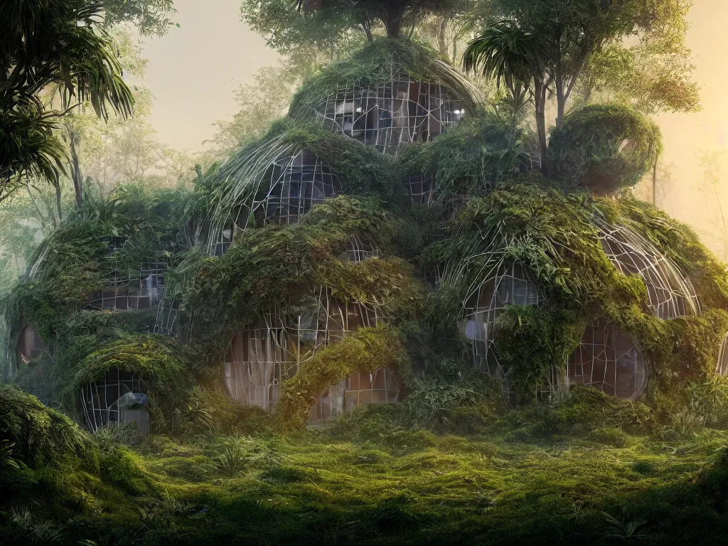 Prompt: beautiful organic house made from strange plants, in a forest, architectural render, futuresynth, chillwave, vegetal architecture, blender, sunrise, ((mist)), junglepunk, trending on artstation, by gal barkin