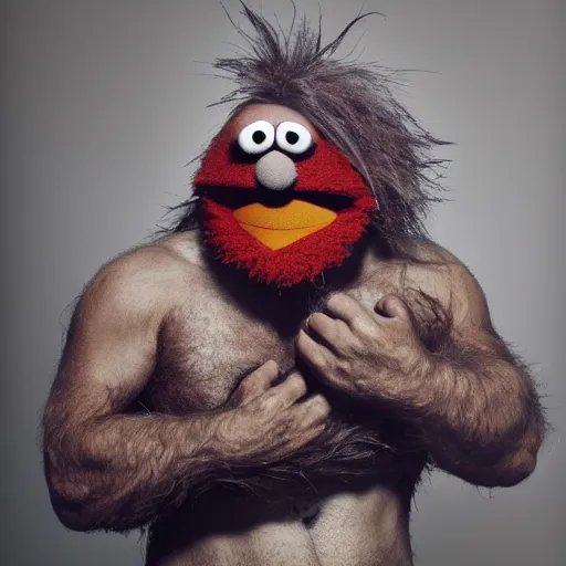 Image similar to a still of a forgotten muppet character looking very manly and modern, hilarious, laughing, hairy chest, huge chin, manly monster tough guy, roughled fur, photo real, photographic, photograph, artstation, trending, featured