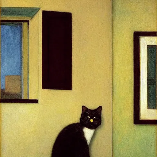 Image similar to a lonely cat in an hotel room, hyperrealistic film still by edward hopper, by gottfried helnwein, by klimt, by paolo uccello, art nouveau, highly detailed, strong lights, liminal, eerie, metaphysical, bright pastel colors,