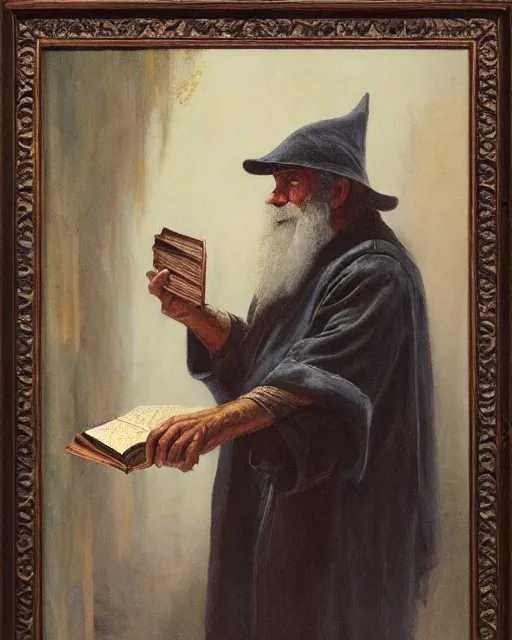 Image similar to Solomon Joseph Solomon and Richard Schmid and Jeremy Lipking victorian genre painting portrait painting of a old rugged actor wizard wearing a wizard hat and robe from the hobbit holding a book and standing in front of an ancient wooden door