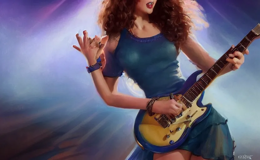 Image similar to rockstar girl playing electric guitar on stage. by edward robert hughes, by konstantin razumov, by william - adolphe bouguerea, by artgerm, pixar, artstation trending, concept art, digital art, digital painting, dramatic lighting, sharp focus, highly detailed, vxf movie, cinematic