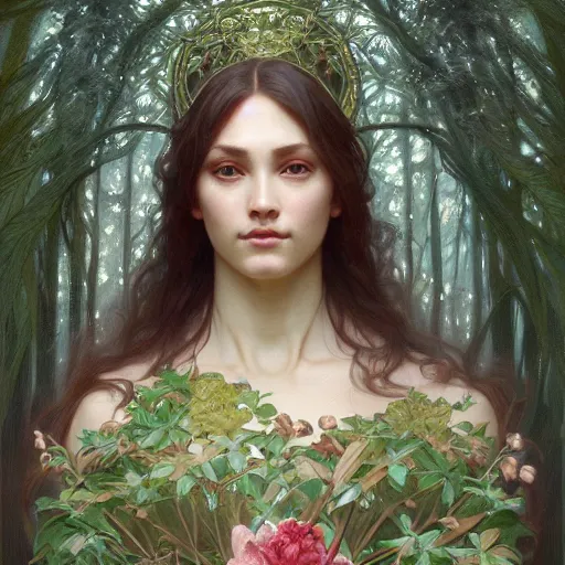 Image similar to portrait of forest god, intricate, elegant, highly detailed, digital painting, artstation, concept art, smooth, sharp focus, illustration, art by artgerm and greg rutkowski and alphonse mucha and william - adolphe bouguereau