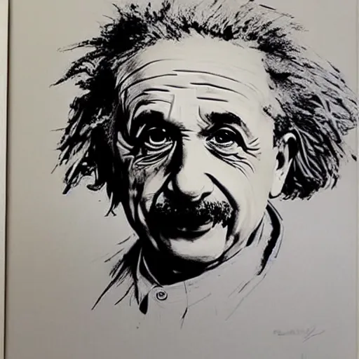Prompt: Albert Einstein, drawn by Guy Denning