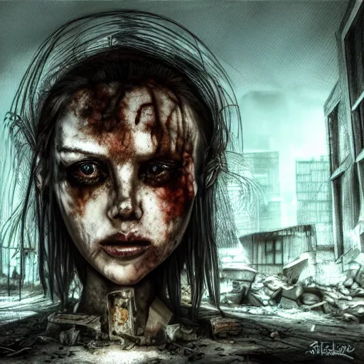 Image similar to pretty face, wide angle lens, photorealistic, 4k, background of destroyed city post apocalyptic, steakpunk, soft lighting, portrait, style of giger, GIGER, horror alien giger