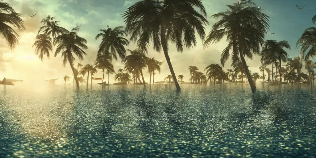 Prompt: under water sunken city with beach with palmtrees seaweed air bubbles, golden hour, caustics, shallow depth of field, moody lighting, 8 k, concept art,