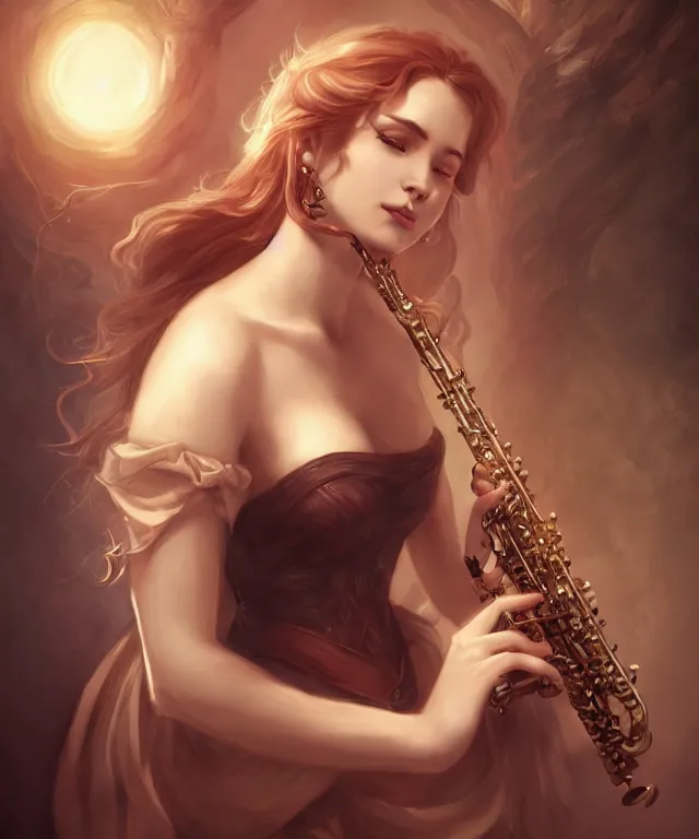 Prompt: bard playing clarinet by charlie bowater and titian and artgerm, full body portrait, intricate, face, elegant, beautiful, highly detailed, dramatic lighting, sharp focus, trending on artstation, artstationhd, artstationhq, unreal engine, 4 k, 8 k