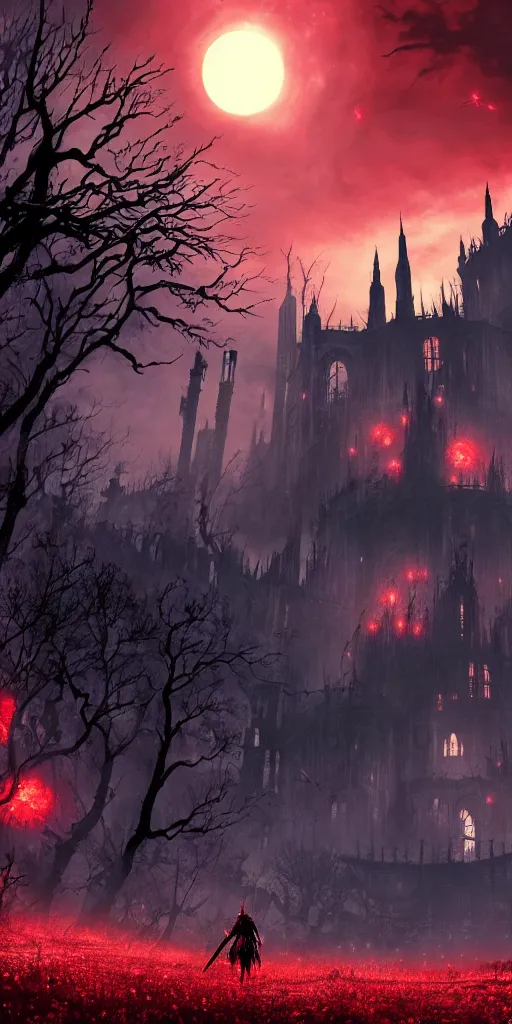 Image similar to populated bloodborne old valley with a dark person at the centre and a ruined gothic city in the background, trees and stars in the background, falling red petals, epic red - orange moonlight, perfect lightning, wallpaper illustration by niko delort and kentaro miura, 4 k, ultra realistic